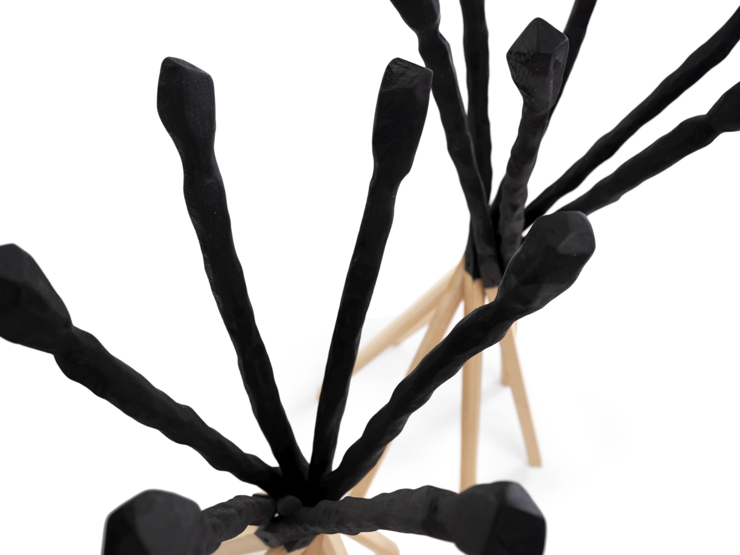 Detailaufnahme des Match Kleiderständers von Mogg mit schwarzen Ästen und hellem Holzfuß.