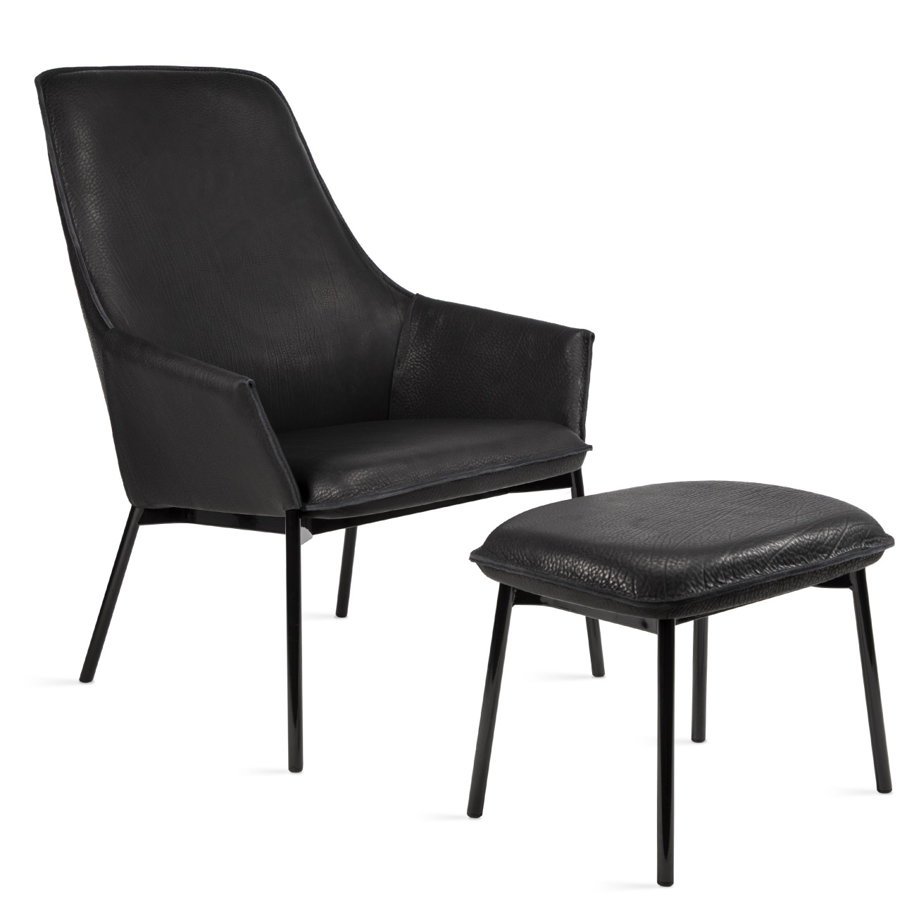 Schwarzer Grace Sessel mit passendem Ottoman von Freifrau Manufaktur, modernes Design, Ledersessel mit Fußhocker.