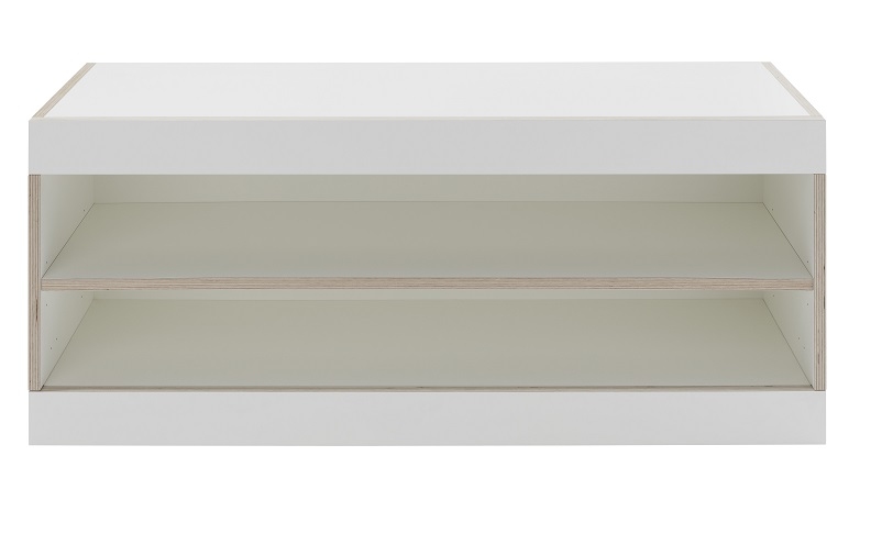 Weiße Flai Stauraumbank von Müller Möbelwerkstätten mit zwei offenen Fächern für viel Stauraum.