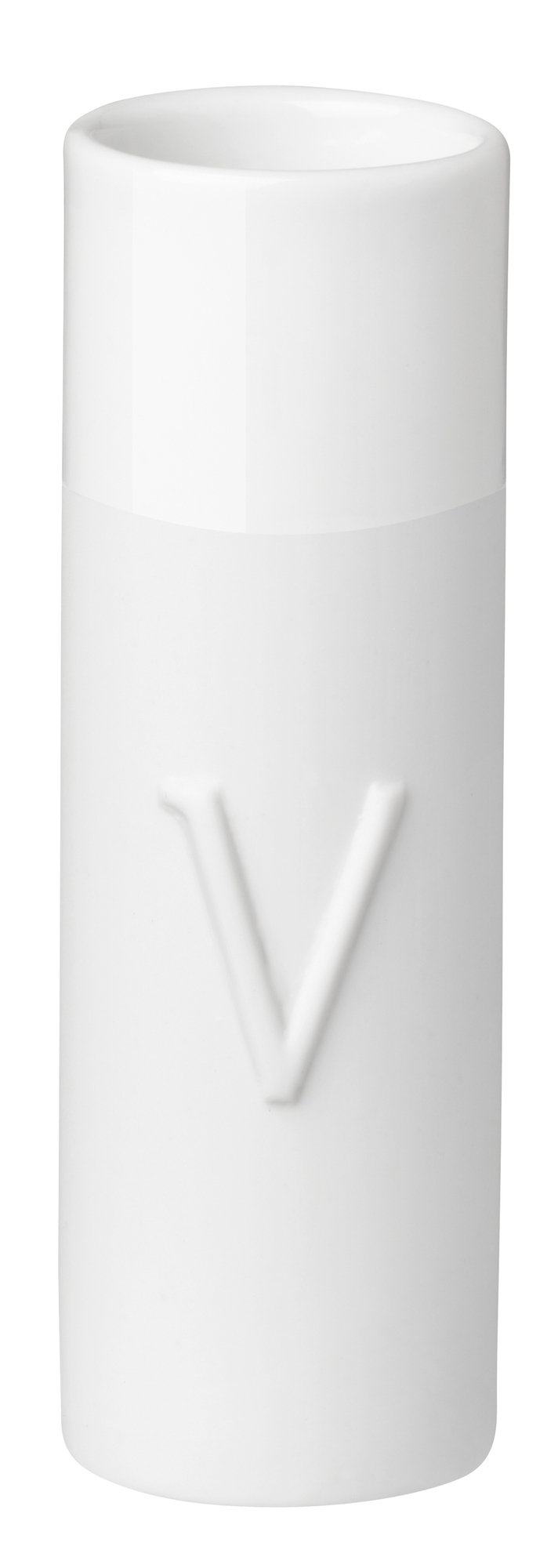 Nahaufnahme einer weißen Räder Minivase aus der Wolke Sieben Love Serie mit geprägtem "V".