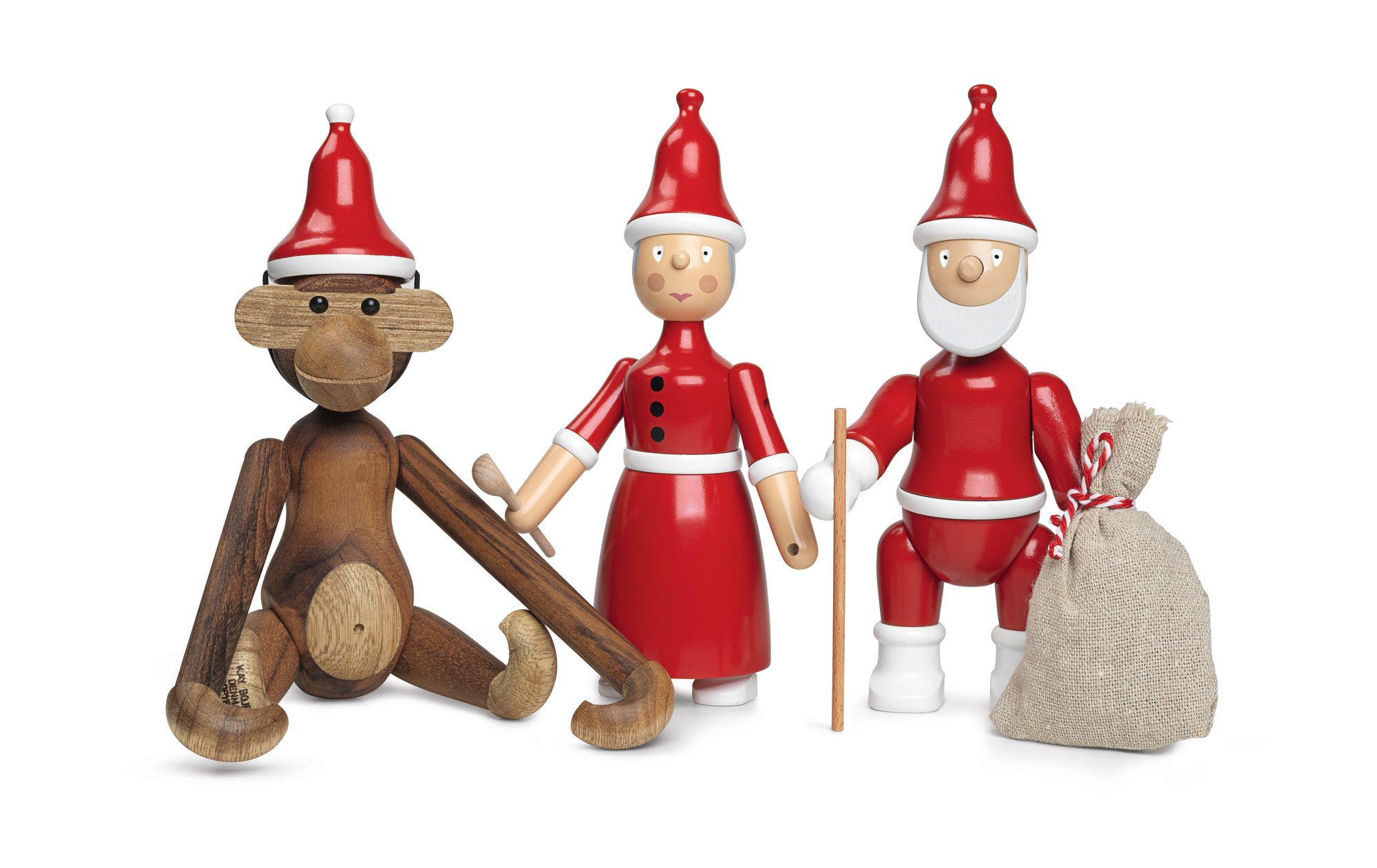 Kay Bojesen Weihnachtskollektion: Weihnachtsmann, Weihnachtsfrau und Weihnachtsaffe aus Holz, festliche Weihnachtsdekoration für Sammler.