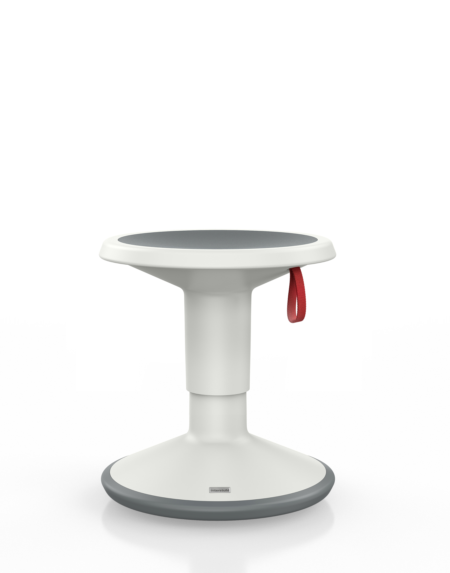 Interstuhl UP Junior Edition Kinderhocker in Grauweiß: Ergonomischer, höhenverstellbarer Hocker für Kinder, mit roter Schlaufe.