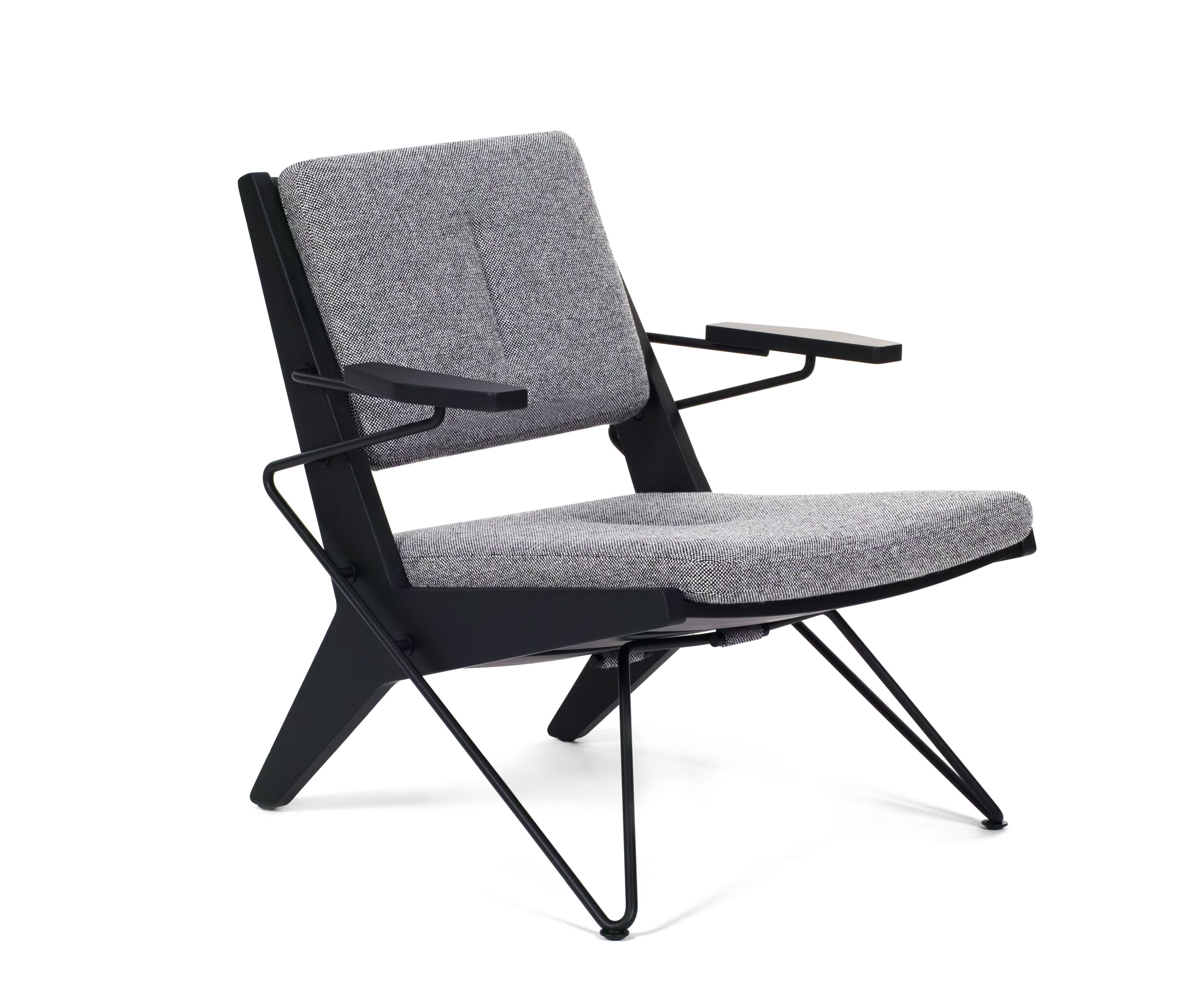 Toggle Sessel von Prostoria mit grauem Stoffbezug und schwarzem Metallgestell, modernes Möbeldesign.