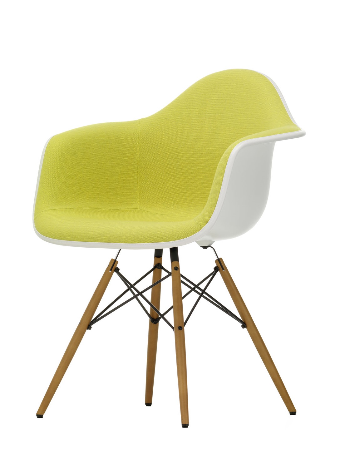 Eames Plastic Arm Chair DAW, vollgepolstert, in Gelb mit Holzbeinen und weißer Sitzschale.