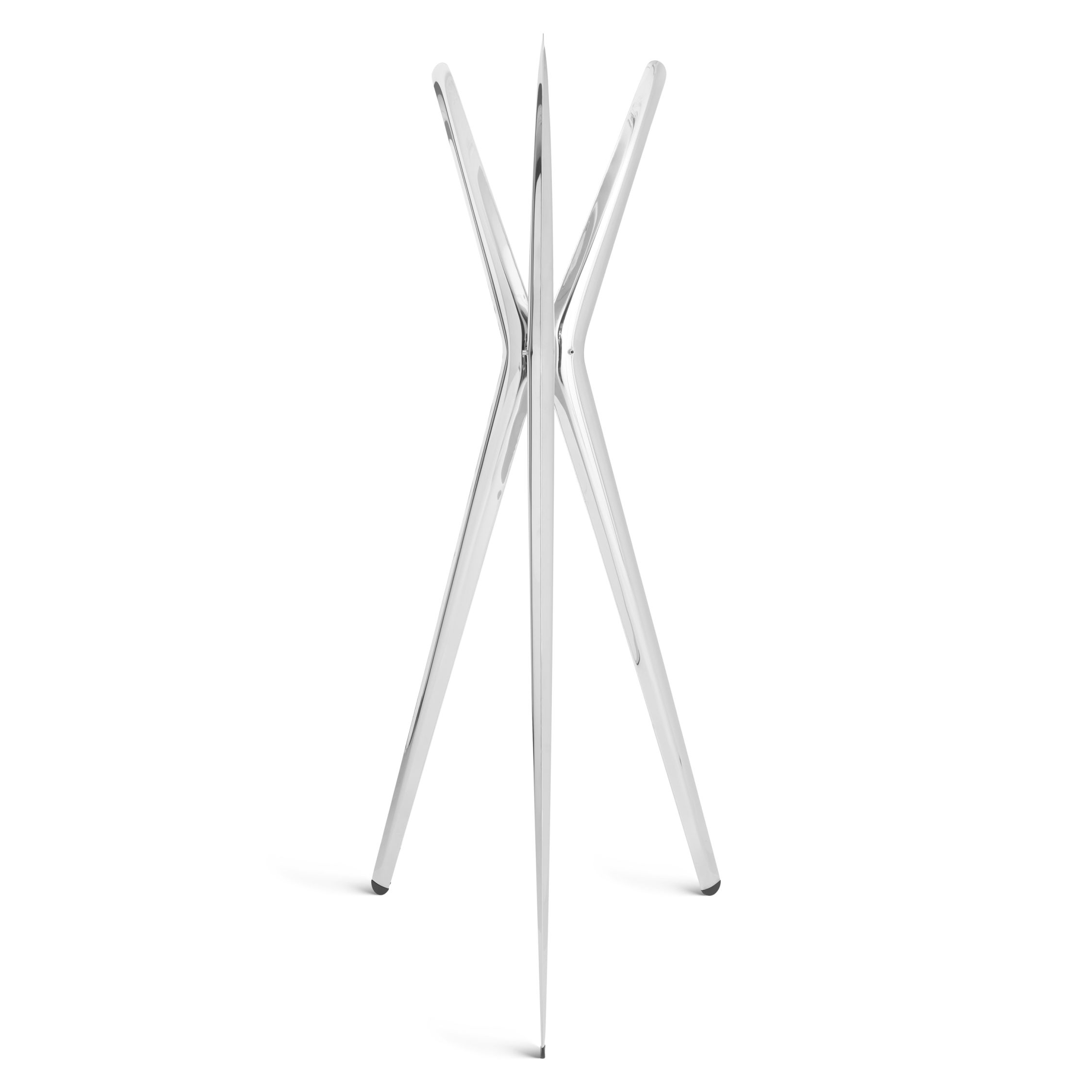 Moderner, silberner Snopek Garderobenständer von Zieta mit drei Beinen auf weißem Hintergrund. Design Garderobe für Flur und Büro.