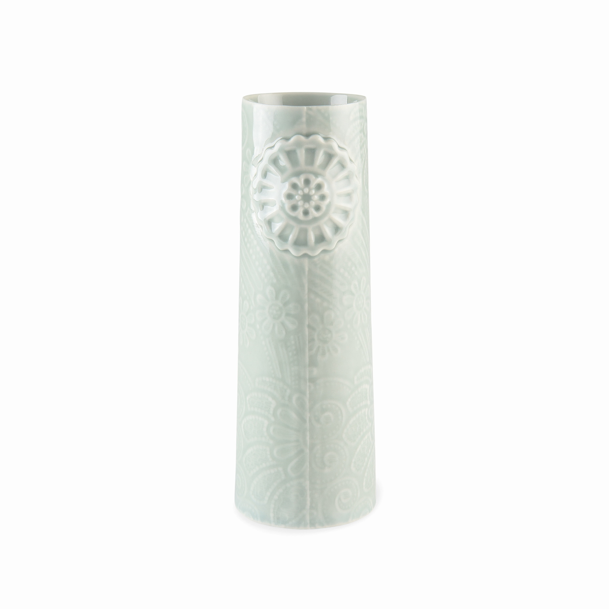 Kleine, zylindrische Pipanella Flower Vase in Celadon-Grün mit floralen Mustern für Blumen und Dekoration.