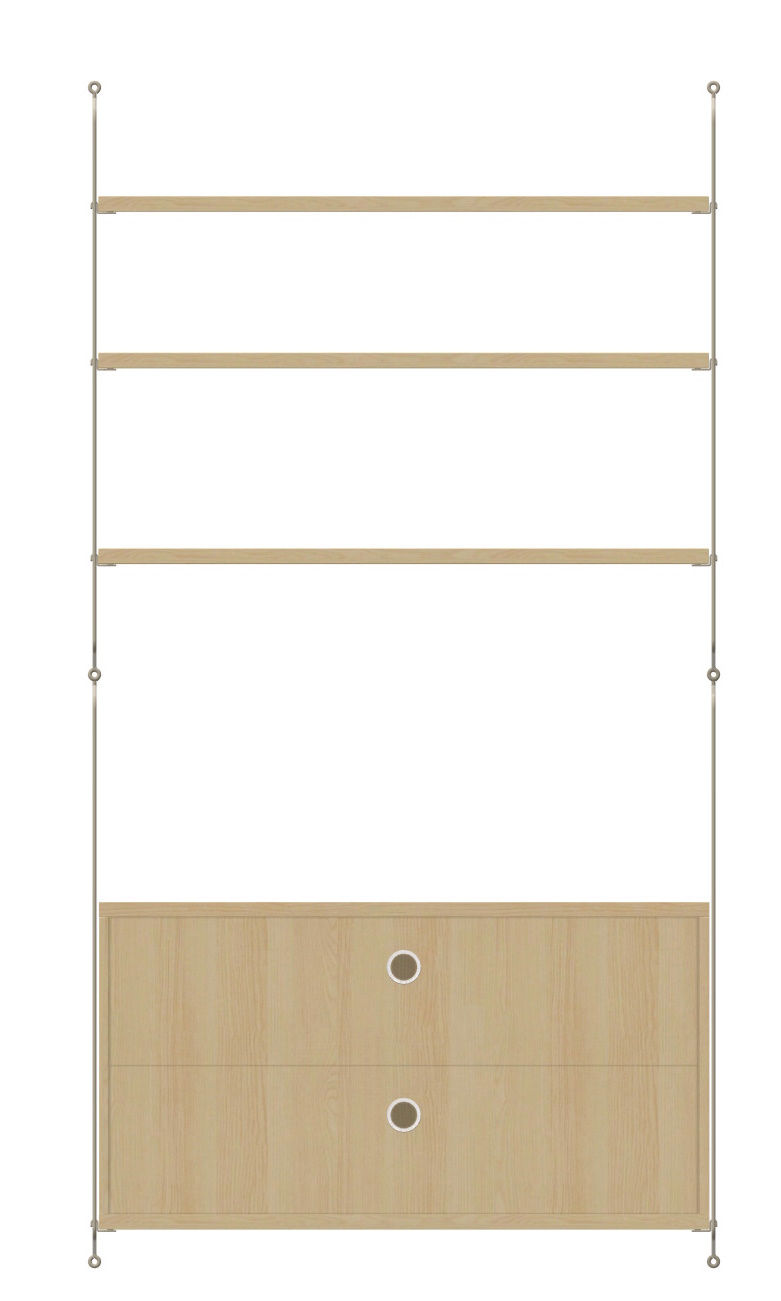 String Furniture Regalsystem: Arbeitsplatz Konfiguration mit hellen Holzregalen und Schubladenelement.