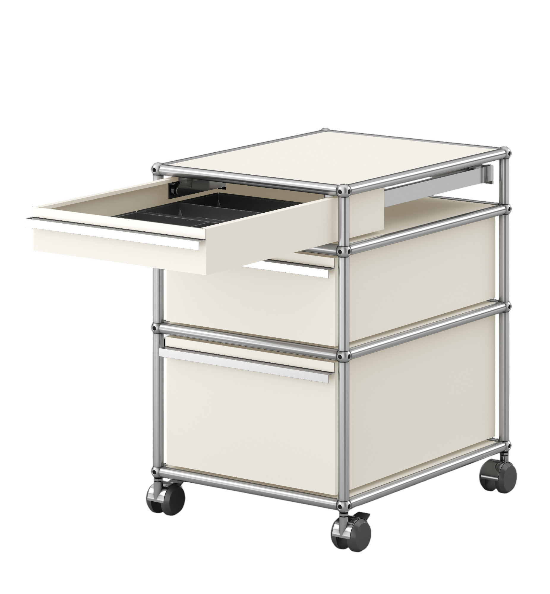 USM Haller Rollcontainer in Reinweiß mit drei Schubladen, eine Schublade ist geöffnet, modernes Design.