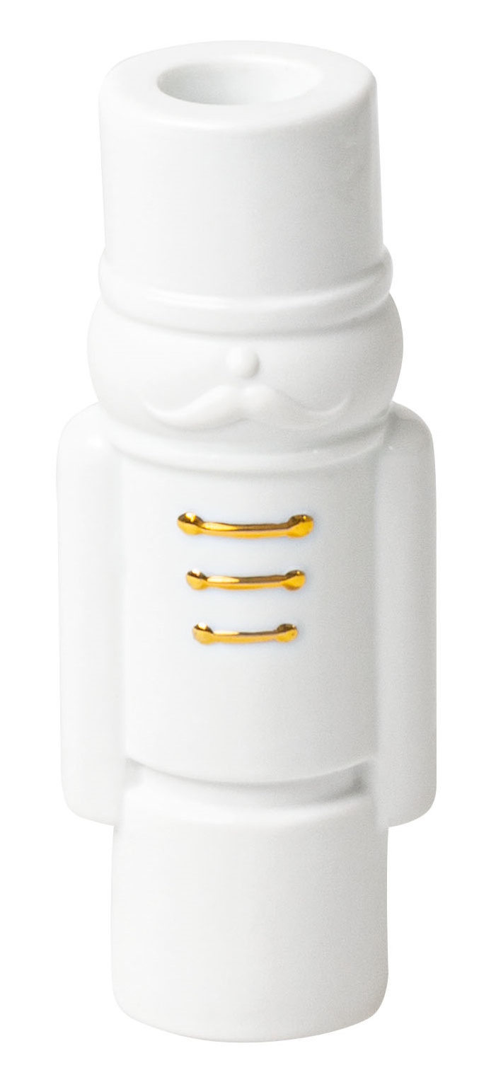 Weißer Nussknacker Kerzenhalter von Räder, Linus oder Magnus, festliche Weihnachtsdekoration mit goldenen Akzenten.