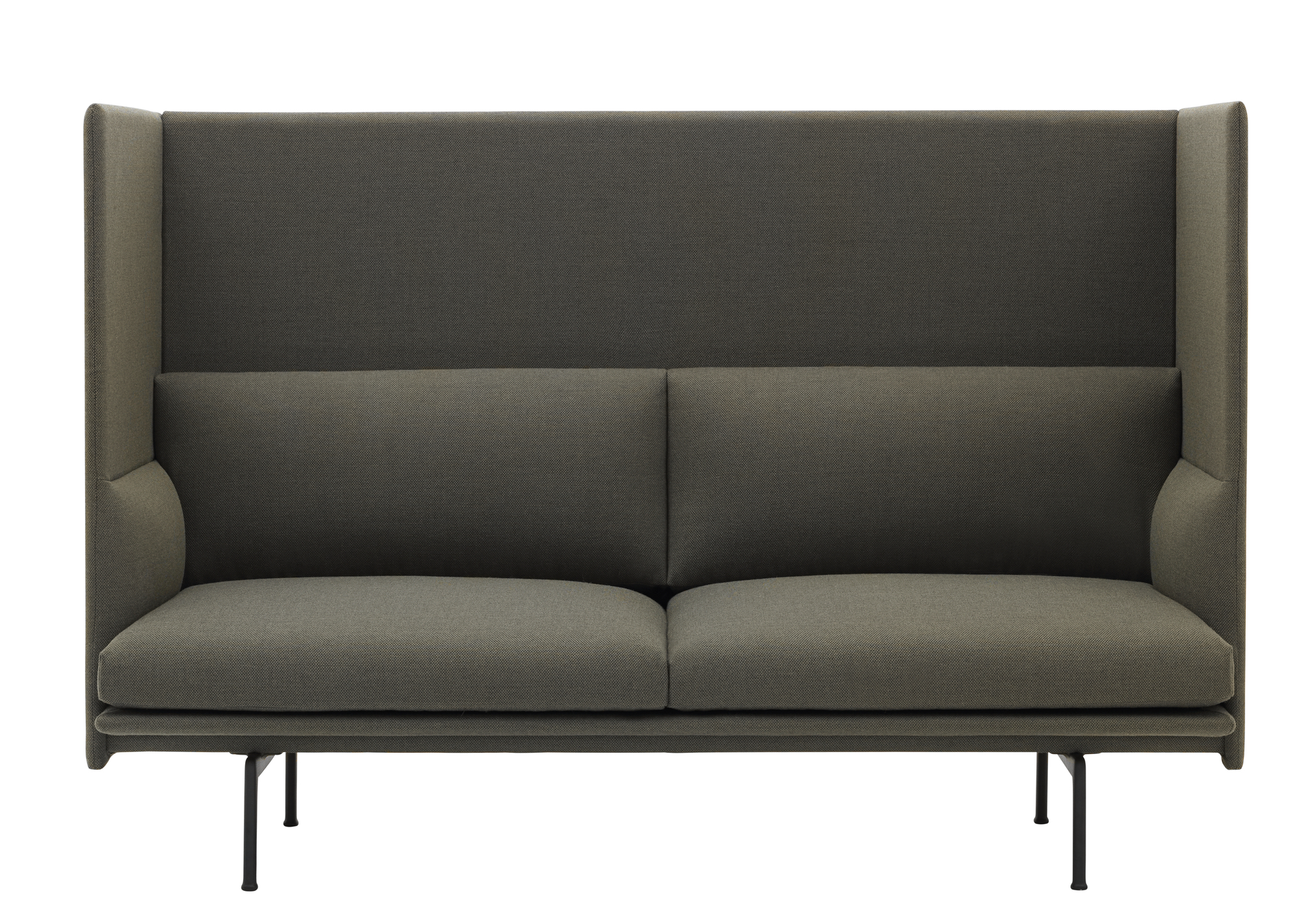 Muuto Outline Sofa: Graues 2-Sitzer Highback Sofa mit hoher Rückenlehne und schwarzen Füßen.