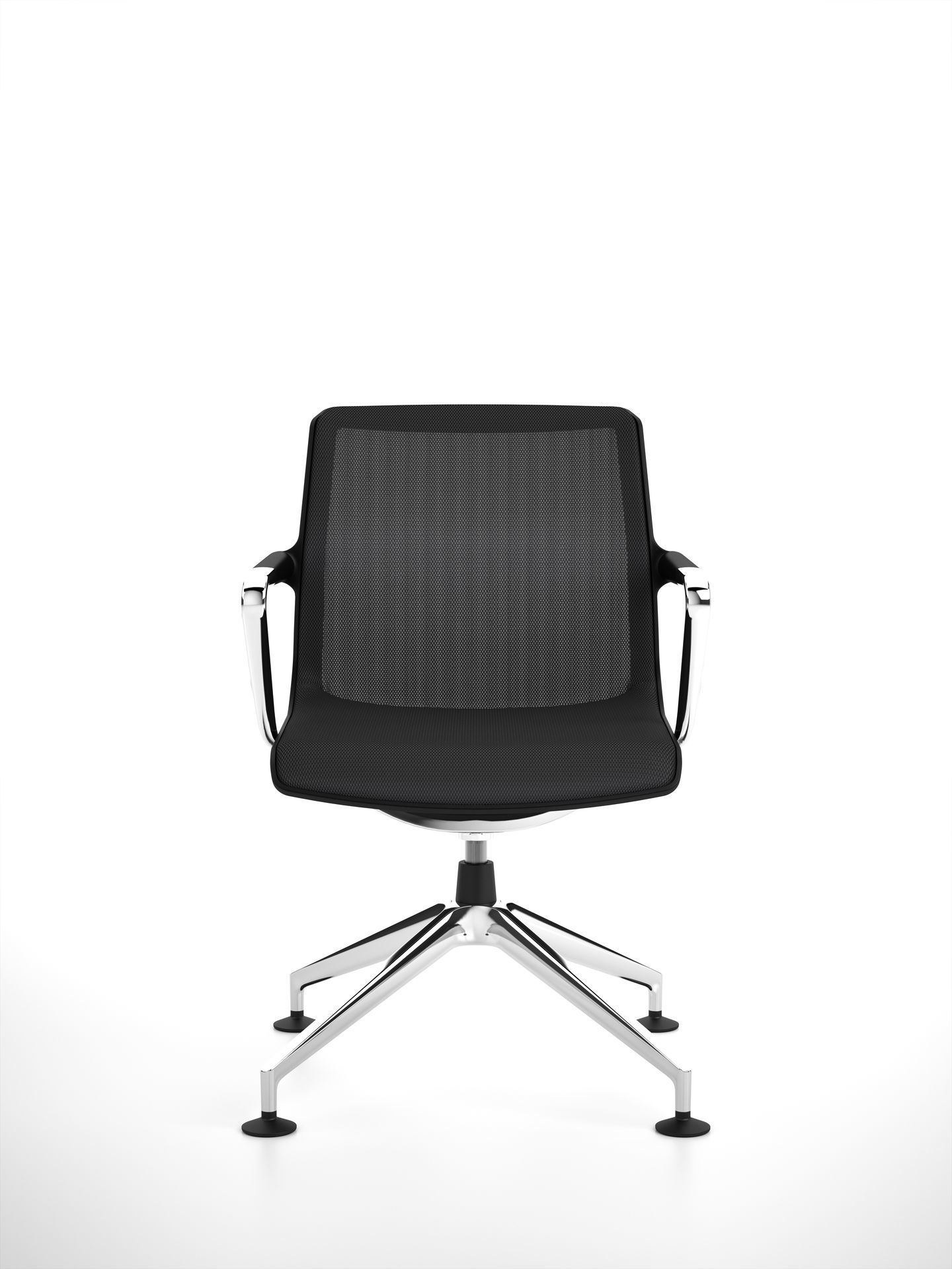 Vitra Unix Chair Bürostuhl mit schwarzem Netzstoff und Viersternfuß aus poliertem Aluminium.