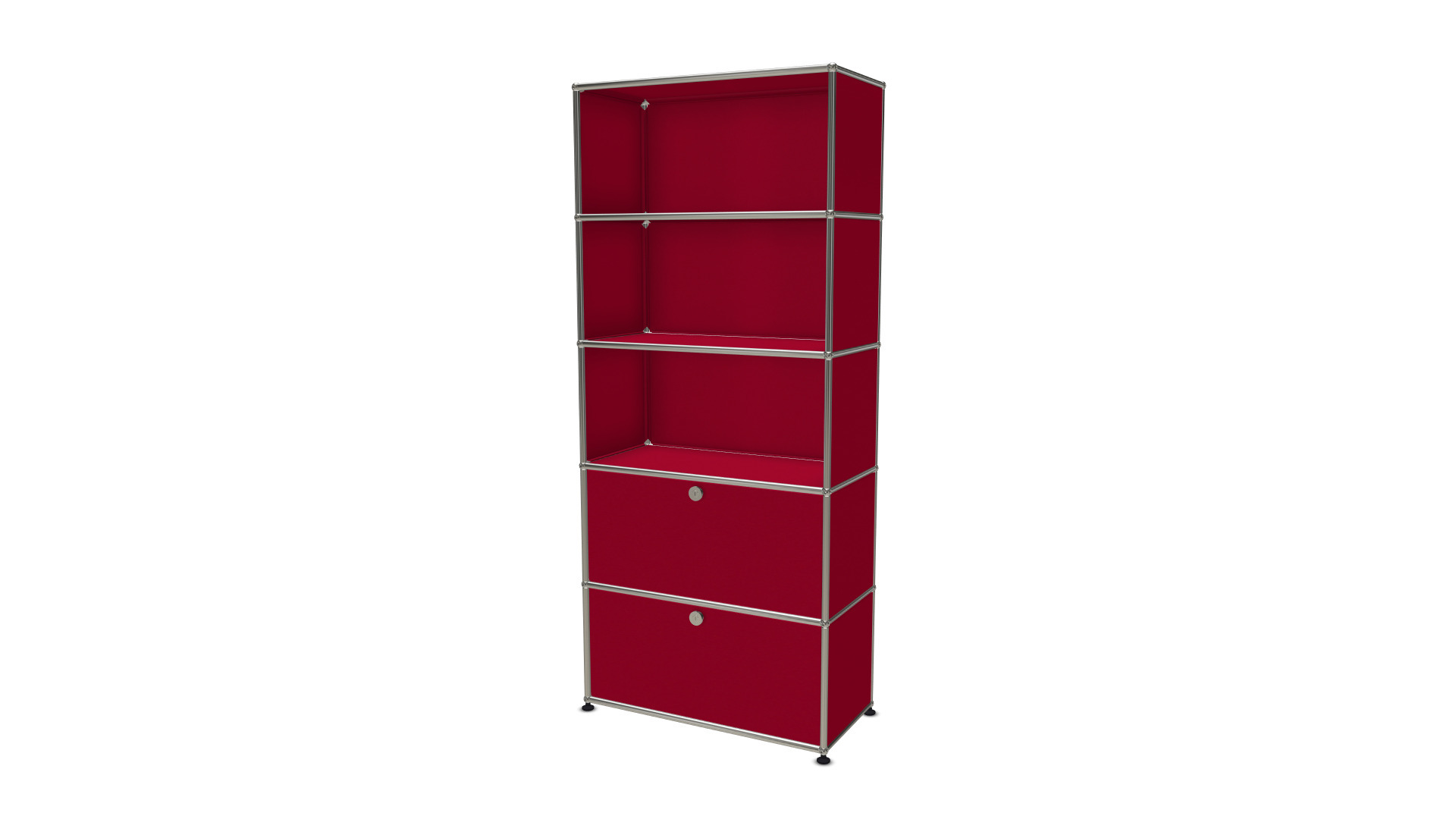 Rotes USM Haller Regal mit zwei Klappen und offenen Fächern, modernes Designmöbel.