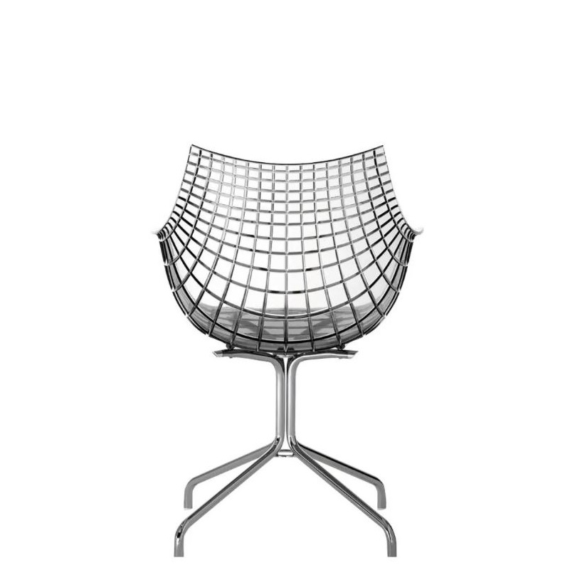 Meridiana Chair: Chromfarbener Design Armlehnenstuhl mit Viersternfuß von Driade. Moderner Stuhl für Wohnzimmer und Büro.