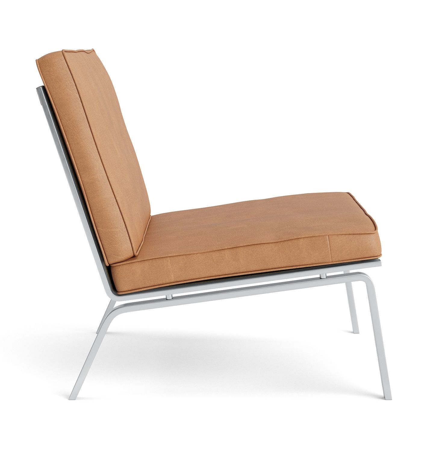 Man Lounge Chair Sessel von NORR11, Seitenansicht: Lederbezug in Braun, minimalistisches Design mit Metallgestell.
