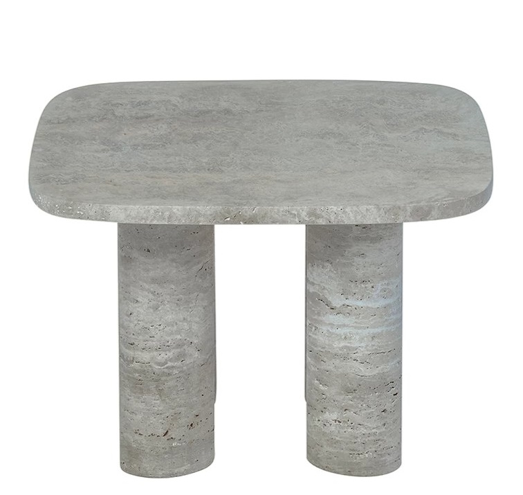 Blomus Volos Beistelltisch aus Travertin, moderner Couchtisch mit zwei zylindrischen Beinen, grauer Naturstein Tisch.