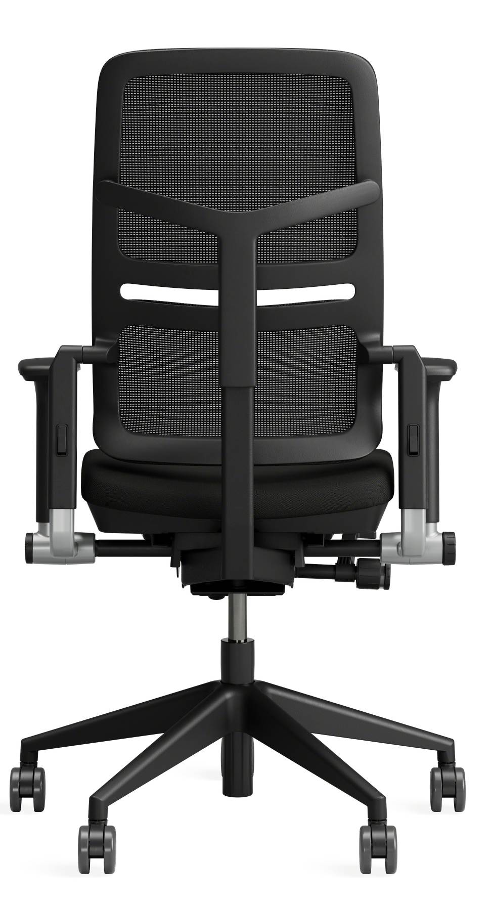 Rückansicht des schwarzen Please Air Bürostuhls von Steelcase mit Netzrücken und Rollen.