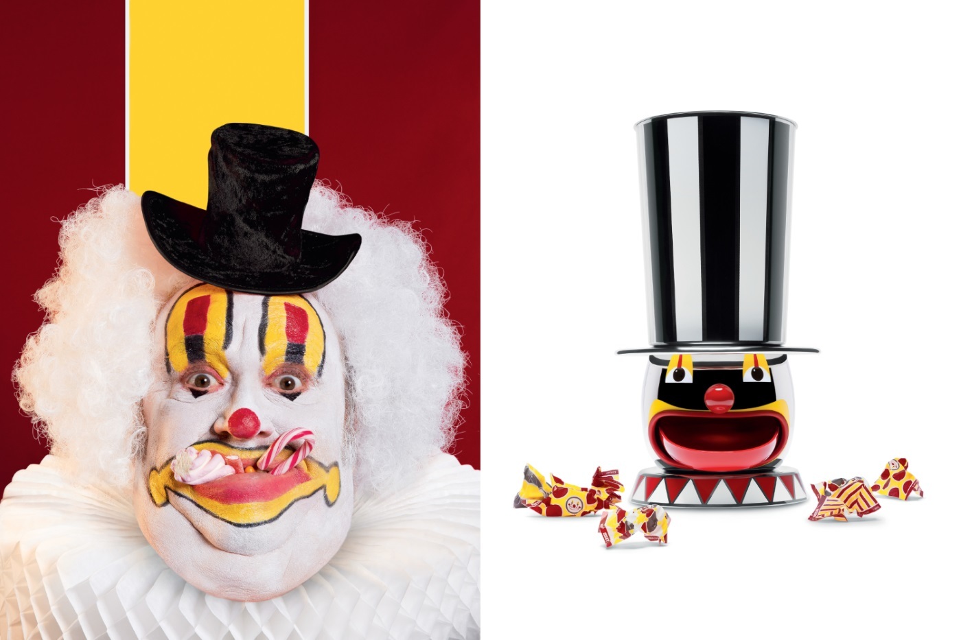 Alessi Circus Candyman Bonbonspender, limitierte Edition. Verspieltes Design für Süßigkeiten, ideal für Zirkus-Fans.