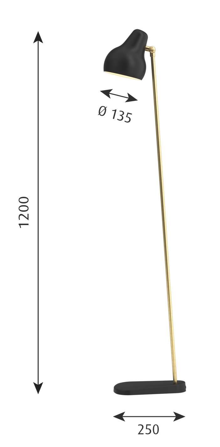 VL38 Stehleuchte von Louis Poulsen in Schwarz, modernes Design mit goldenem Ständer und Maßen.