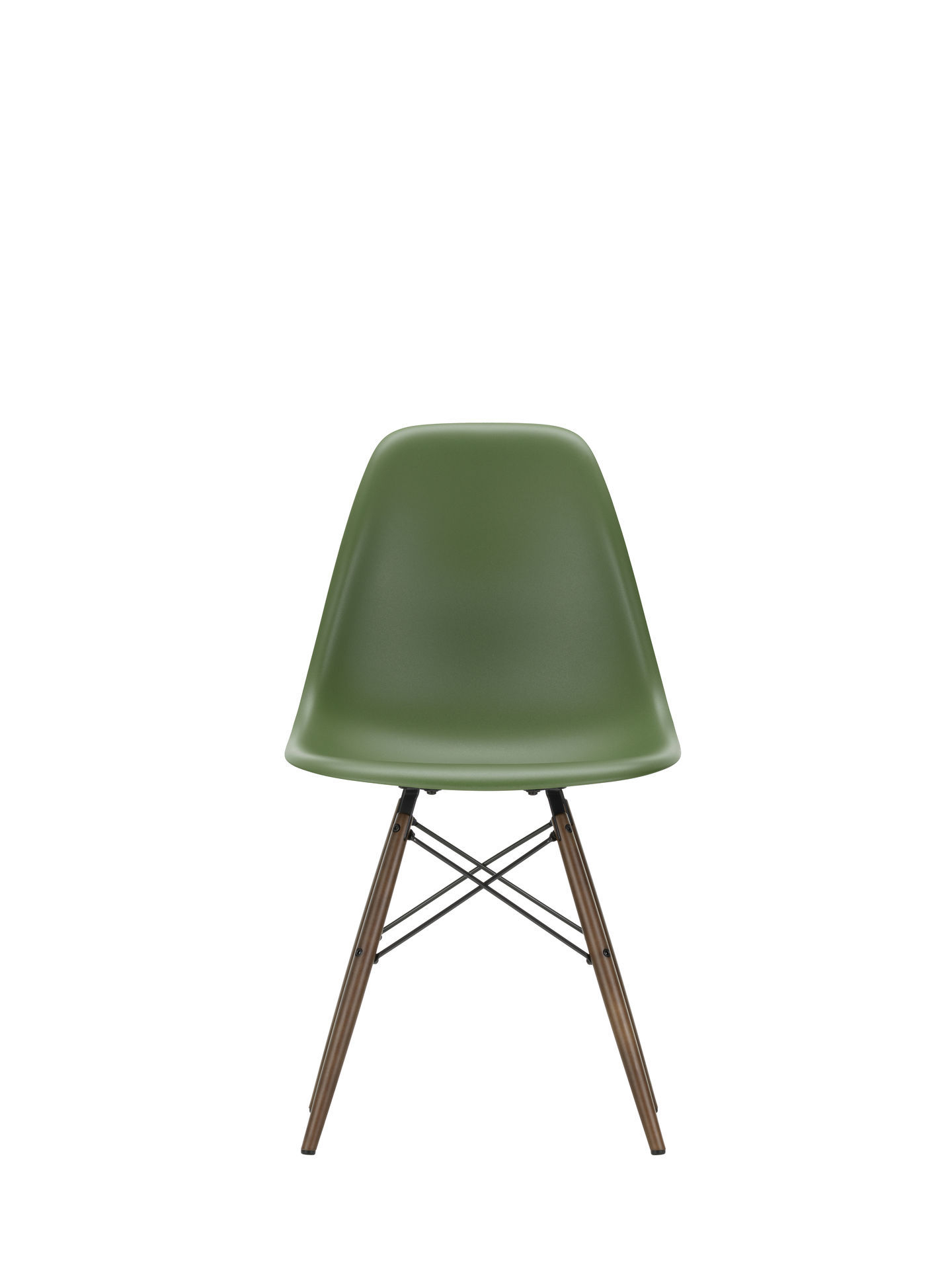 Eames Side Chair mit Ahorn-Gestell und olivgrüner Sitzschale, moderner Designklassiker für Wohnen und Büro.