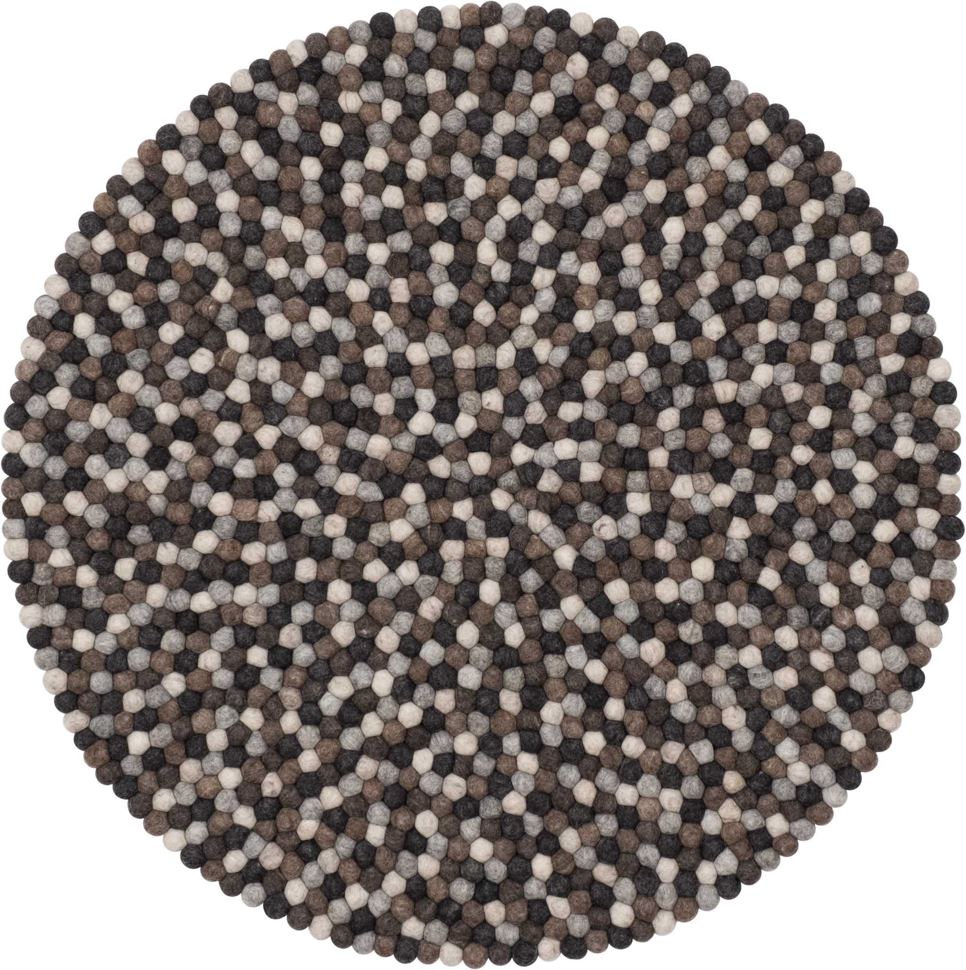 Runder Filzkugel Teppich 140 cm in Grau- und Brauntönen, handgefertigt und nachhaltig.