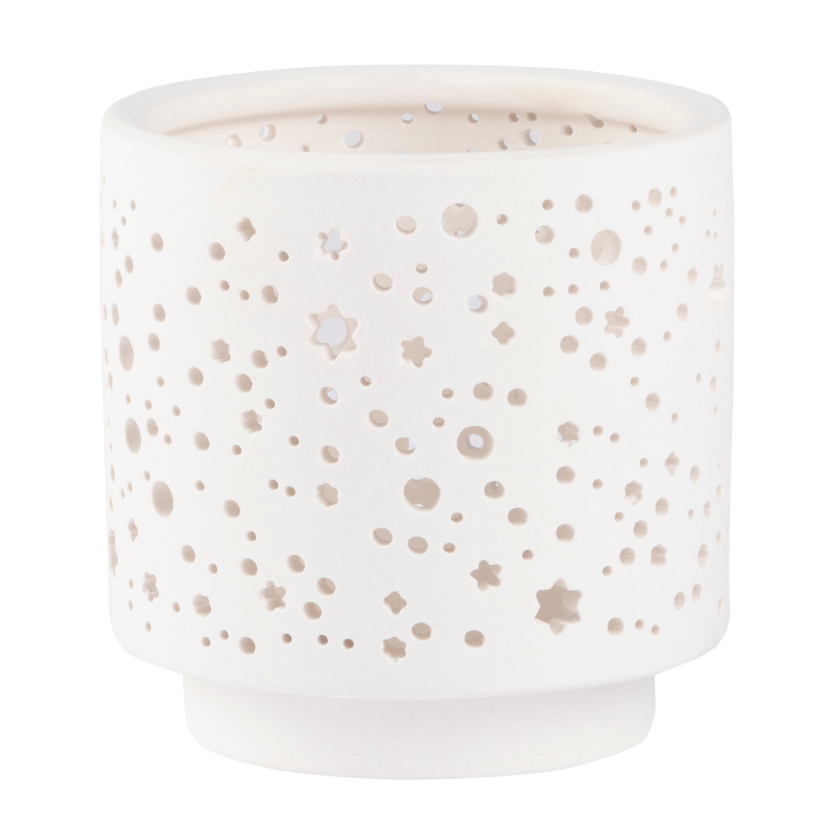 Weißes Windlicht aus der Living Licht Räder Kollektion mit Sternen und Punktmuster.