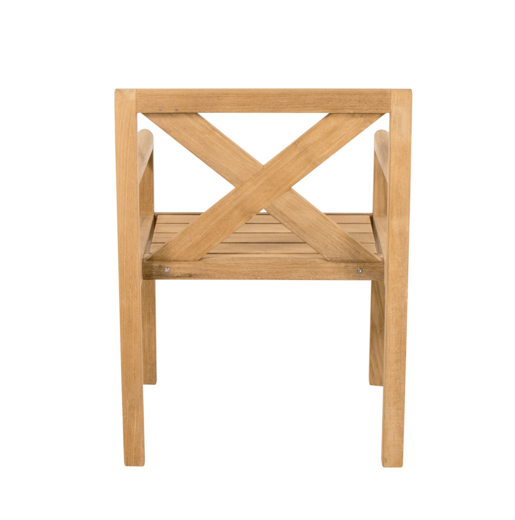 Rückansicht des Grace Sessels von Cane-Line aus Teakholz mit gekreuzten Streben im Rücken.