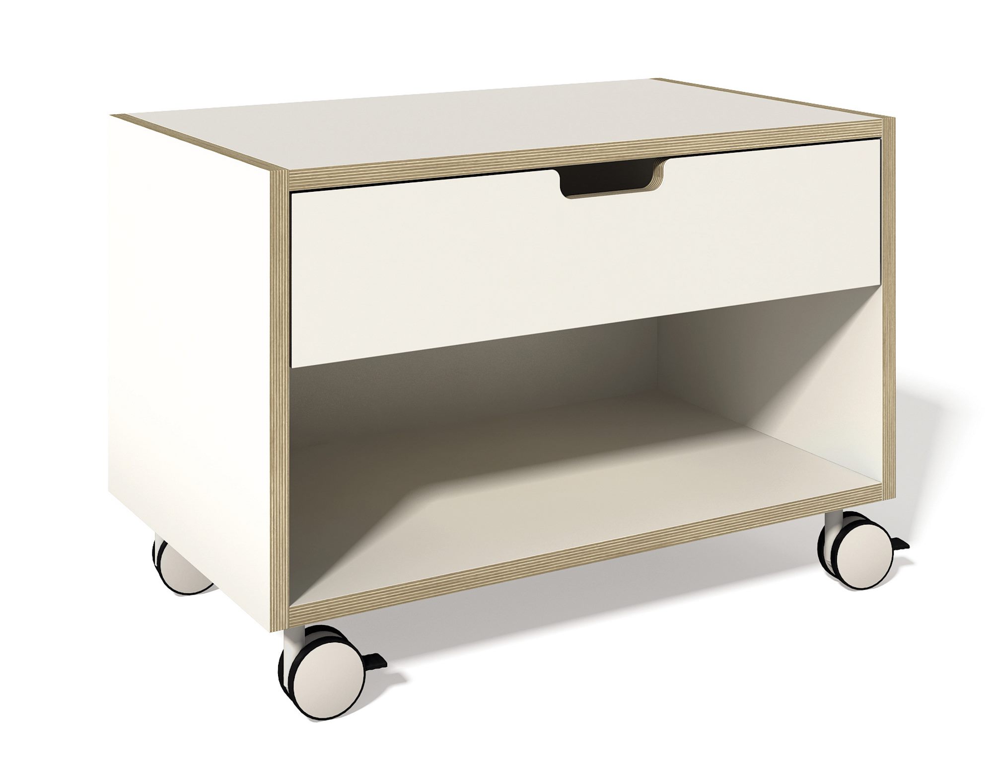 Weißer Müller Möbelwerkstätten Nachttisch Stapelliege mit Schublade und Rollen für Schlafzimmer.