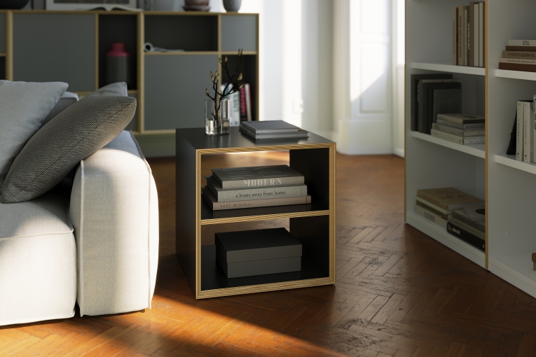 Vertiko Dice Beistelltisch von Müller Möbelwerkstätten in Schwarz mit zwei Fächern, als Nachttisch oder Hocker.