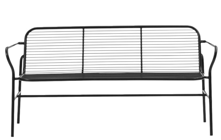 Schwarze Vig Dining Bench Bank von Normann Copenhagen für den Außenbereich, minimalistisches Design mit Armlehnen.