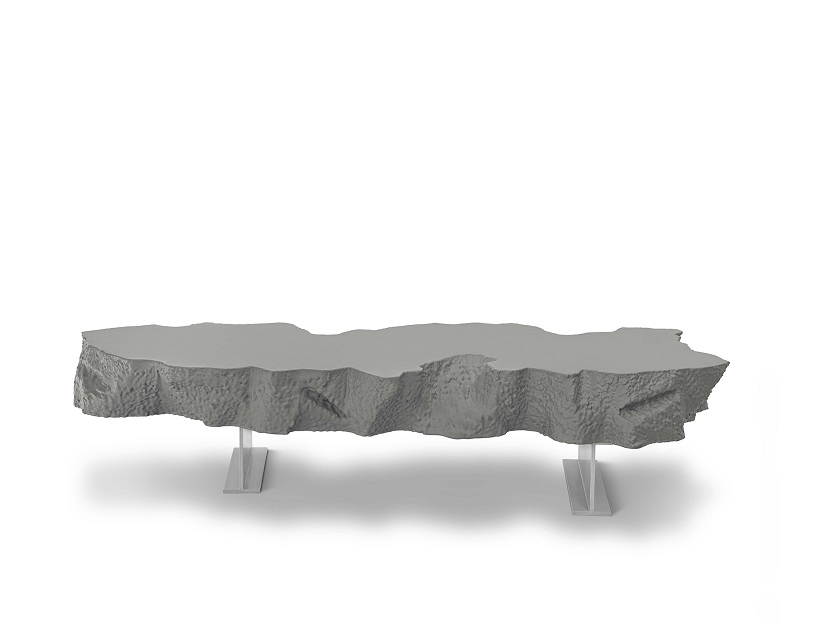 Graue Broken Bench Bank von Gufram mit zwei transparenten Stützen, modernes Designmöbel.