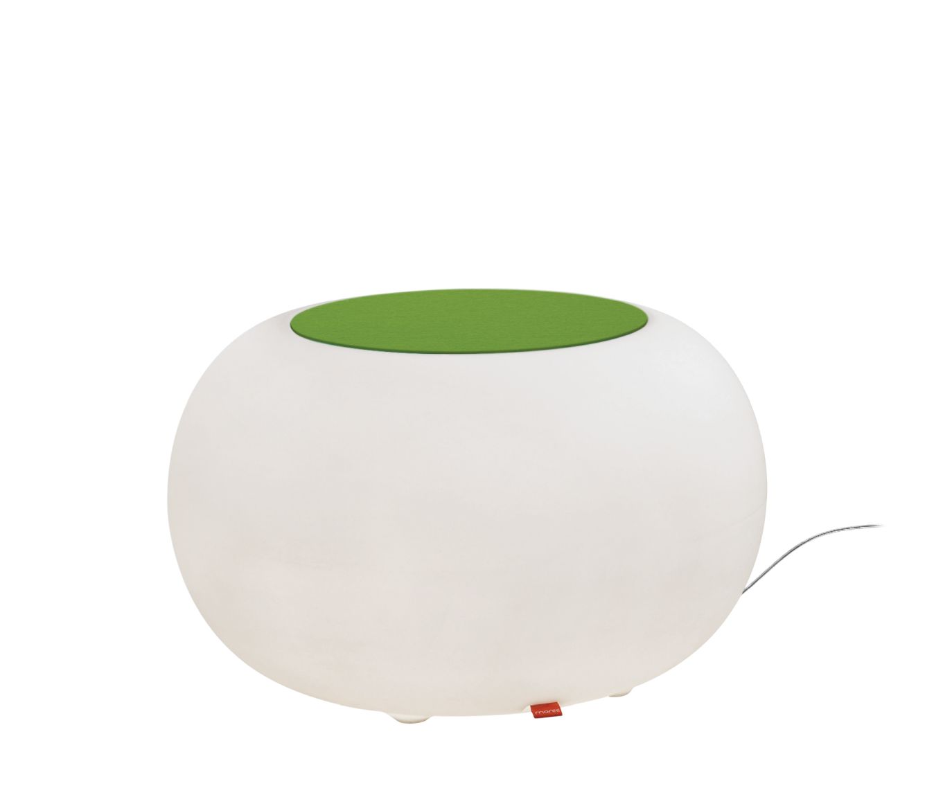 Weiße Bubble Sitzgelegenheit von Moree mit grünem Sitzkissen, ideal als Indoor Möbel und Lampe.