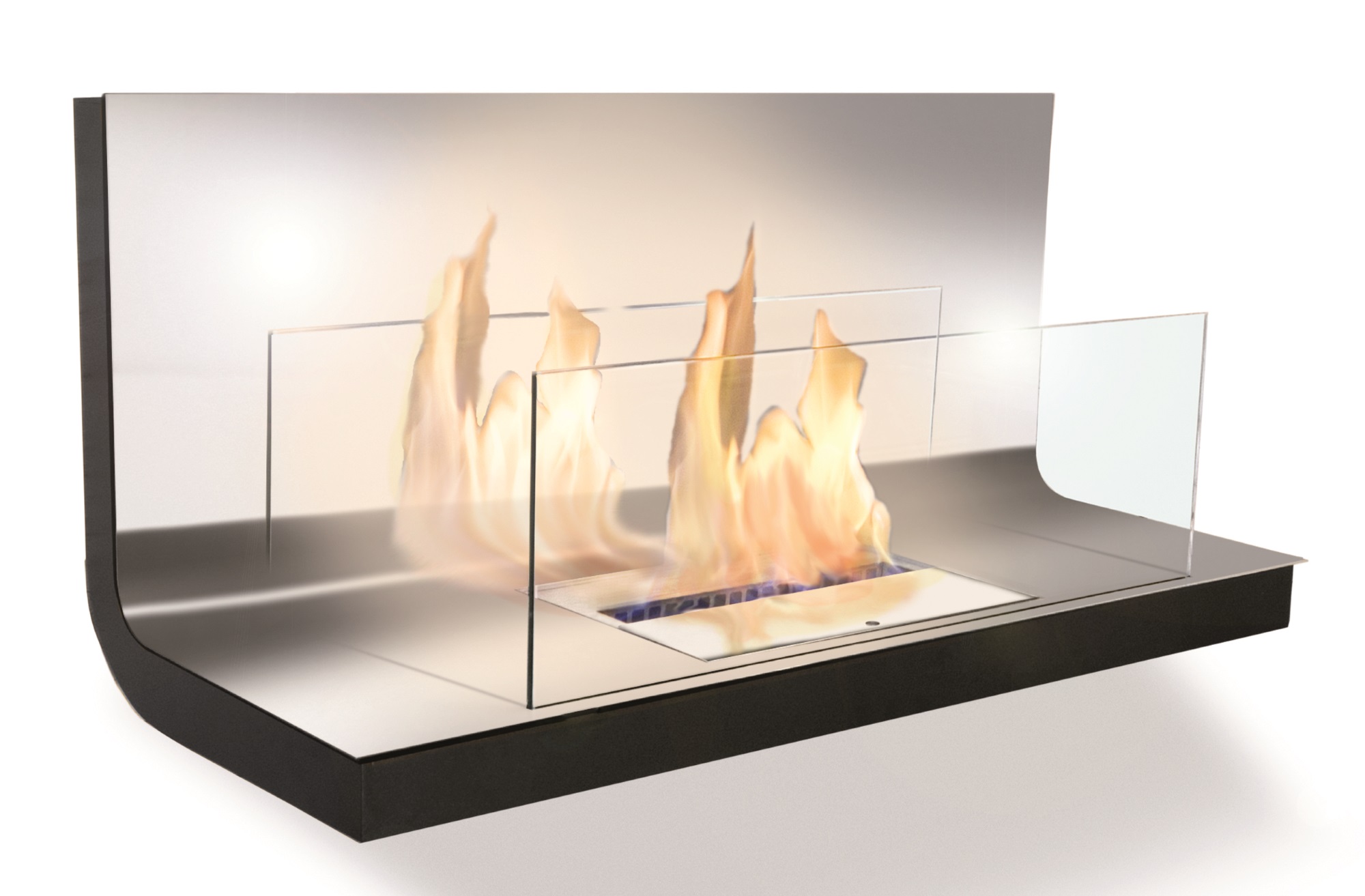 Wall Flame 1 Ethanol Kamin Radius mit Glasumrandung und lodernden Flammen für stimmungsvolle Atmosphäre.