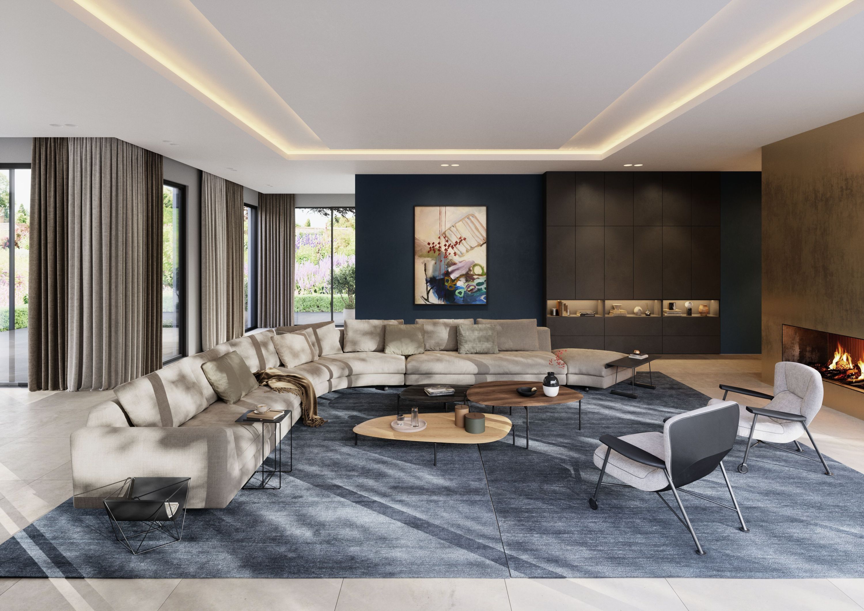 Moderner Wohnraum mit Ishino Wood Table Beistelltisch von Walter Knoll neben einer Couch.