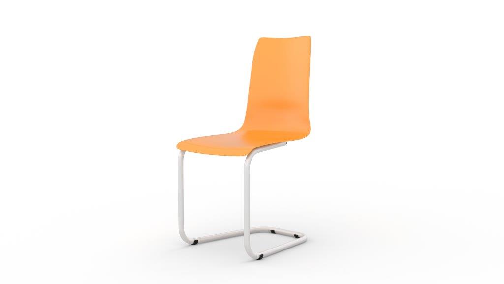 Oranger Tojo Stuhl mit weißem, minimalistischem Kufengestell. Moderner Stuhl für Esszimmer und Büro.