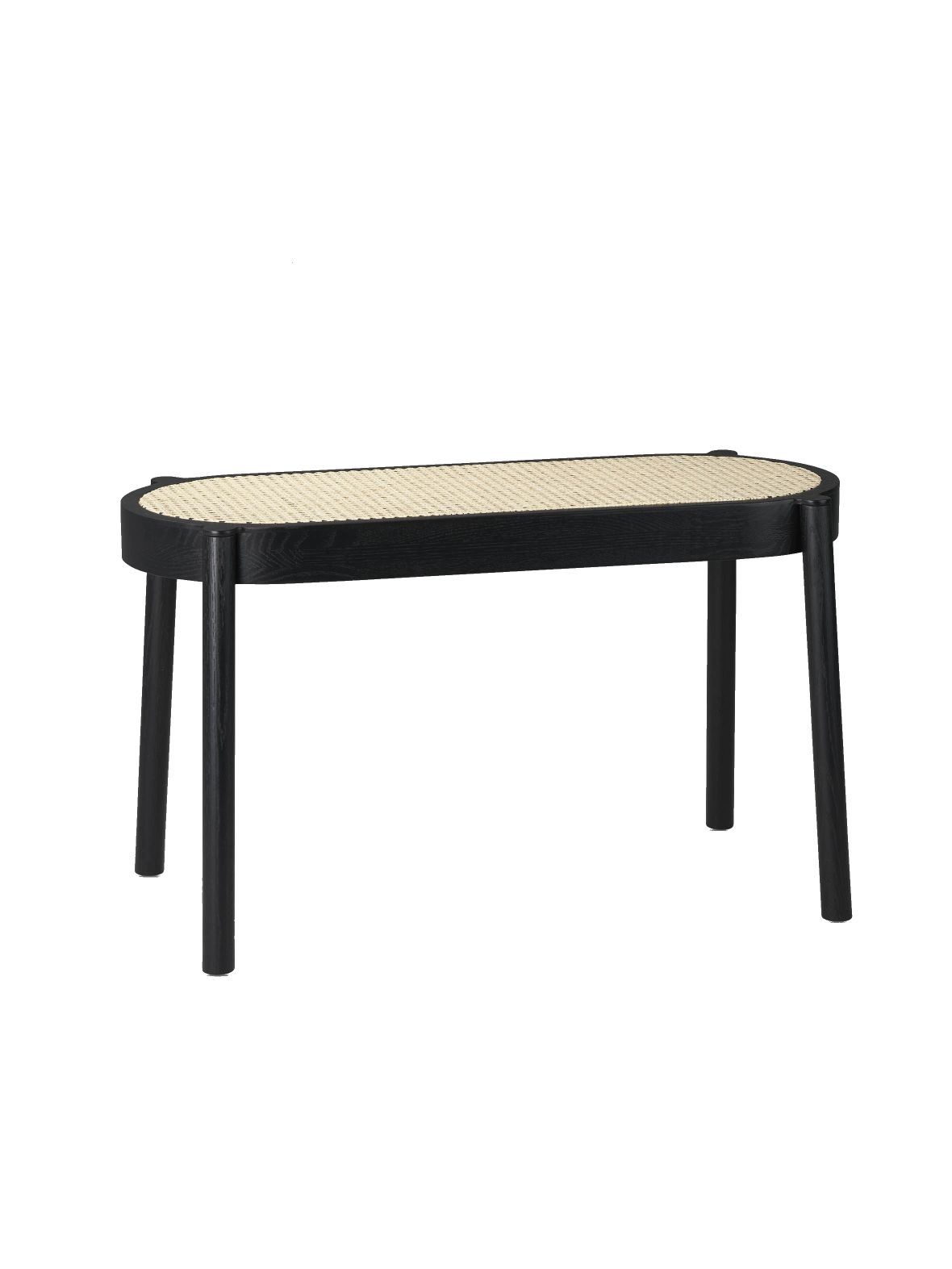 Schwarze Pal Bank Northern mit ovaler Sitzfläche aus Rattan, moderne Holzbank für Esszimmer.