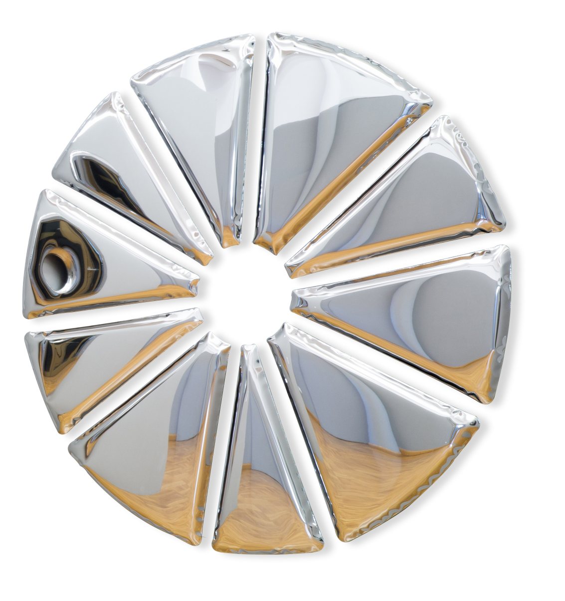 Nucleus Spiegel: Runder, moderner Design-Spiegel von Zieta aus poliertem Stahl, bestehend aus dreieckigen Segmenten.