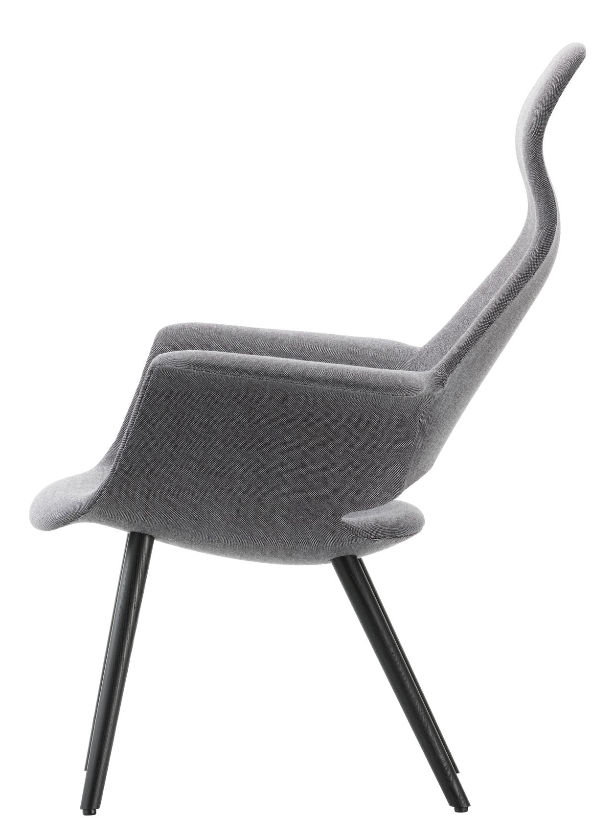 Grauer Organic Highback Chair Stuhl von Vitra, Seitenansicht mit schwarzen Beinen. Design Stuhl.