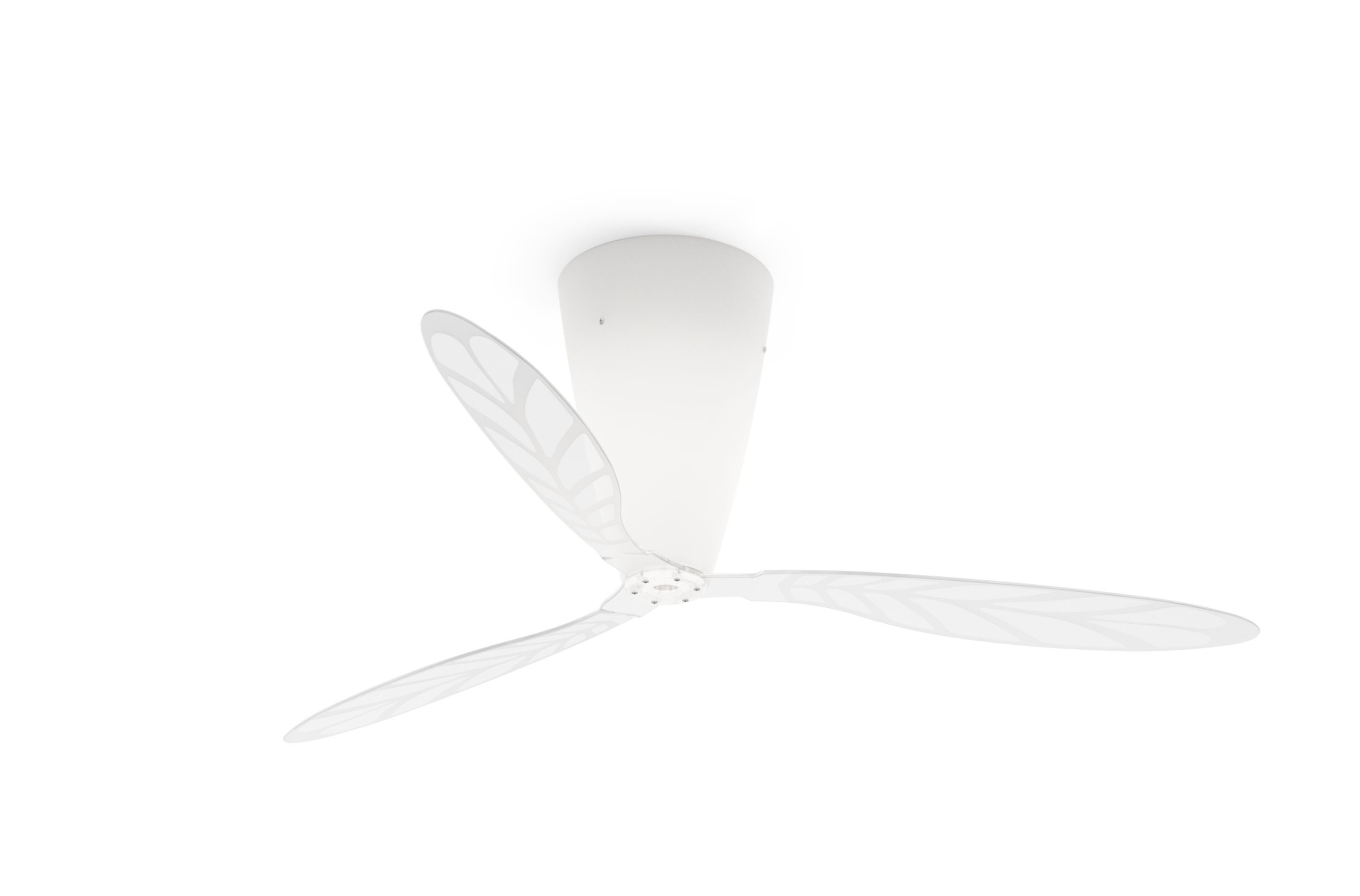 Weißer Luceplan Blow Deckenventilator mit Flügelset und siebbedrucktem Blattmuster, modernes Design.
