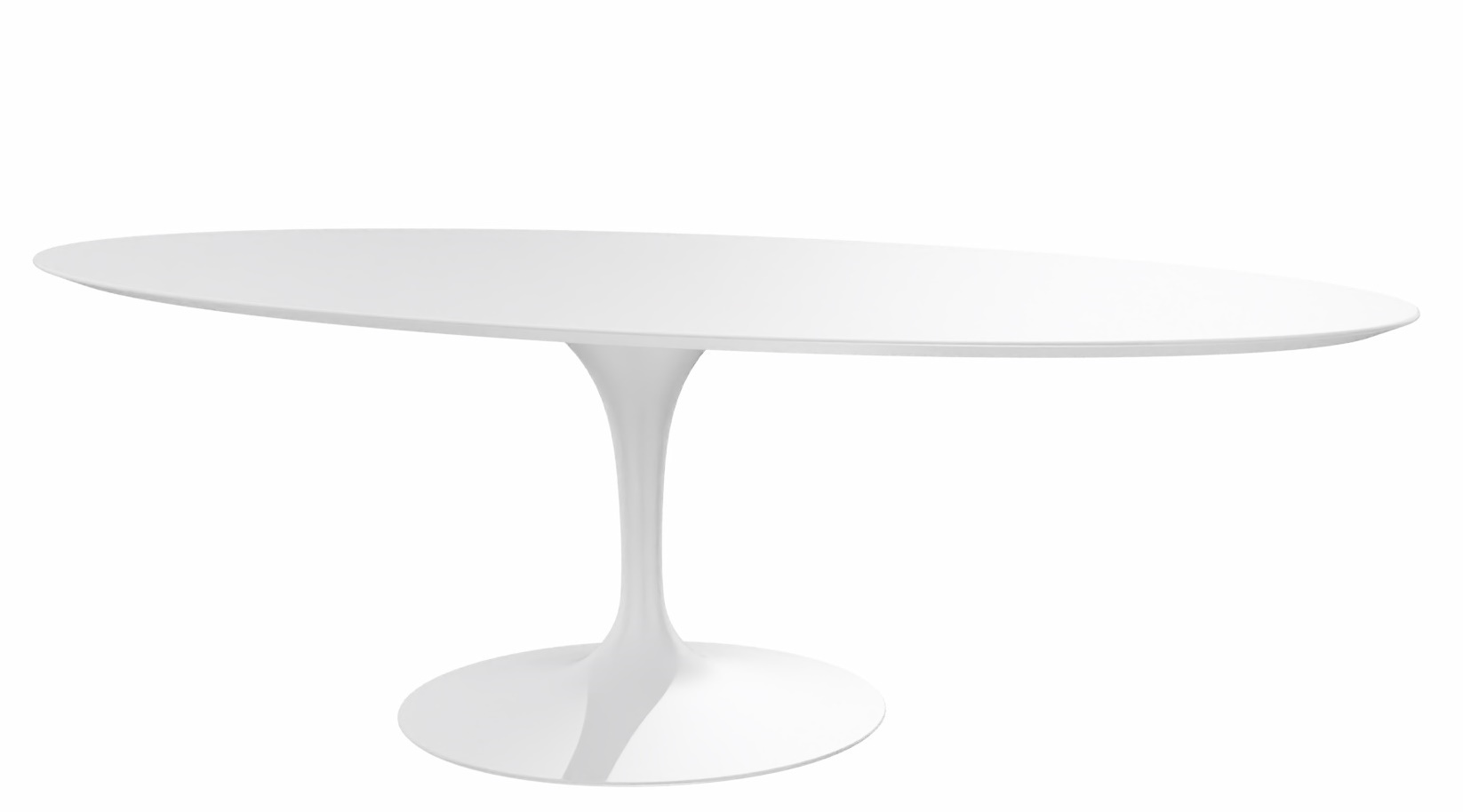 Weißer, ovaler Saarinen Esstisch von Knoll International mit zentralem Fuß auf weißem Hintergrund.