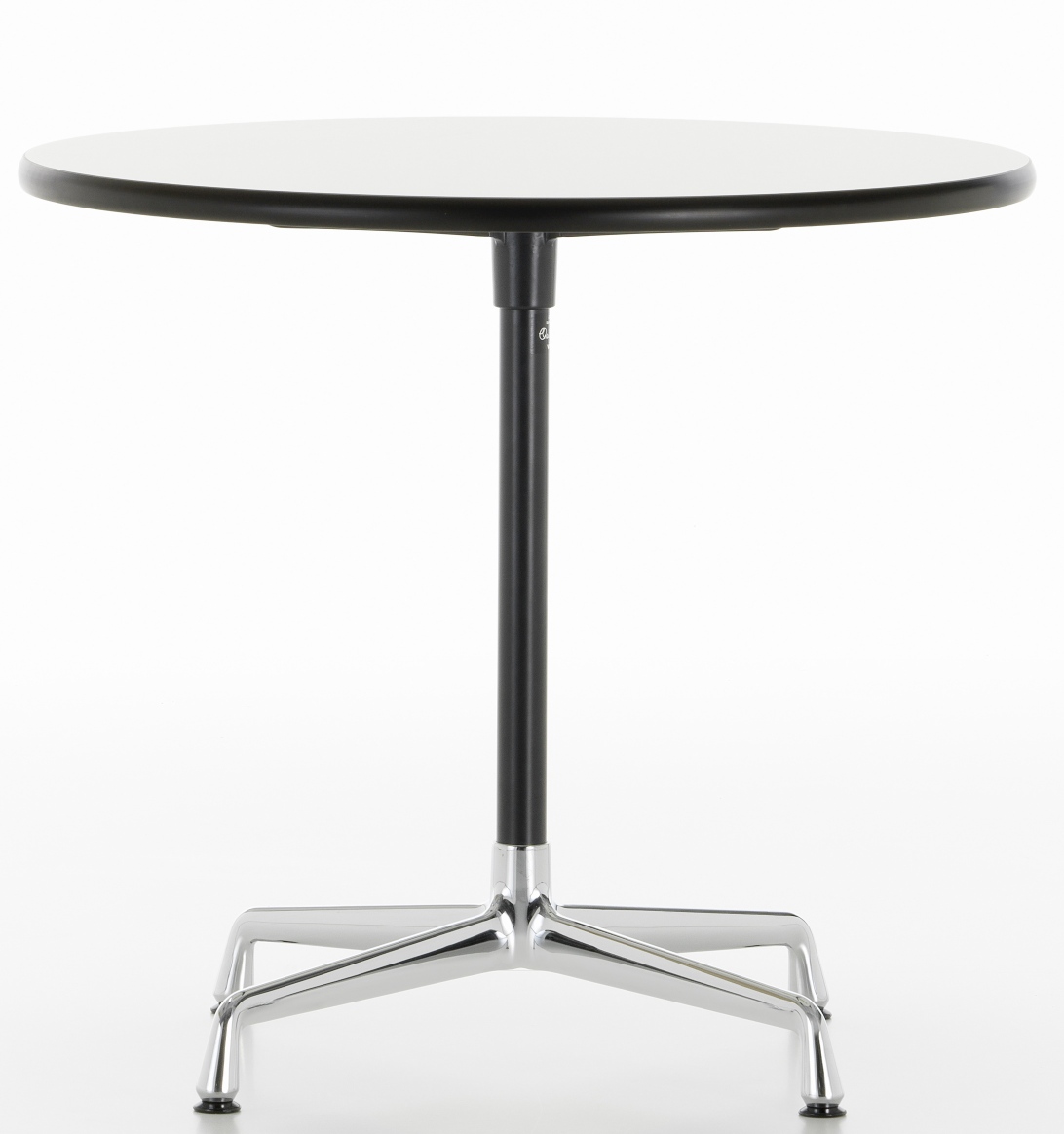 Vitra Eames Contract Table, runder Tisch mit weißer Tischplatte und Chromfuß.