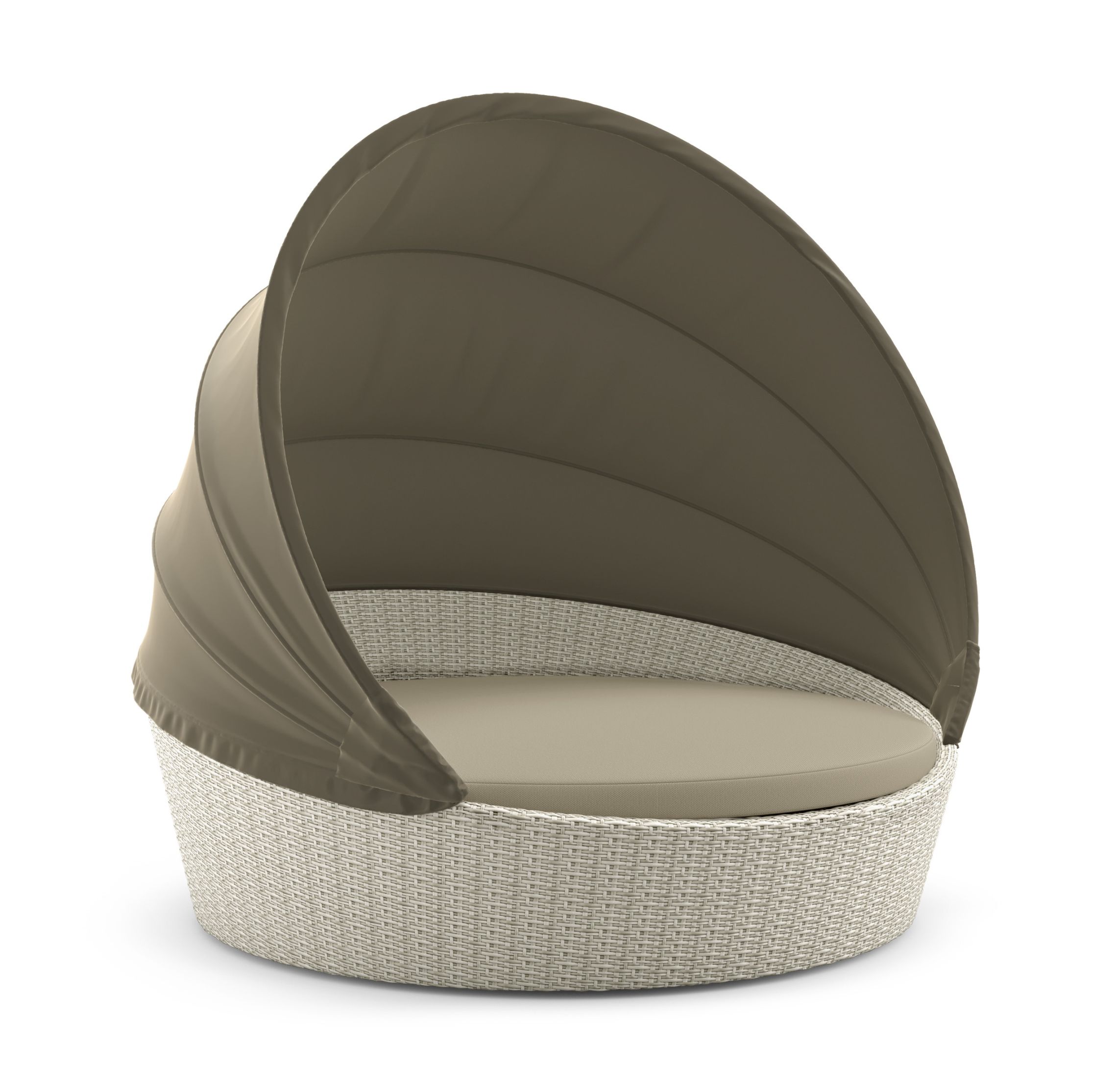 Orbit XXL Sofainsel von Dedon mit Verdeck in Taupe, moderne Gartenmöbel für den Außenbereich.