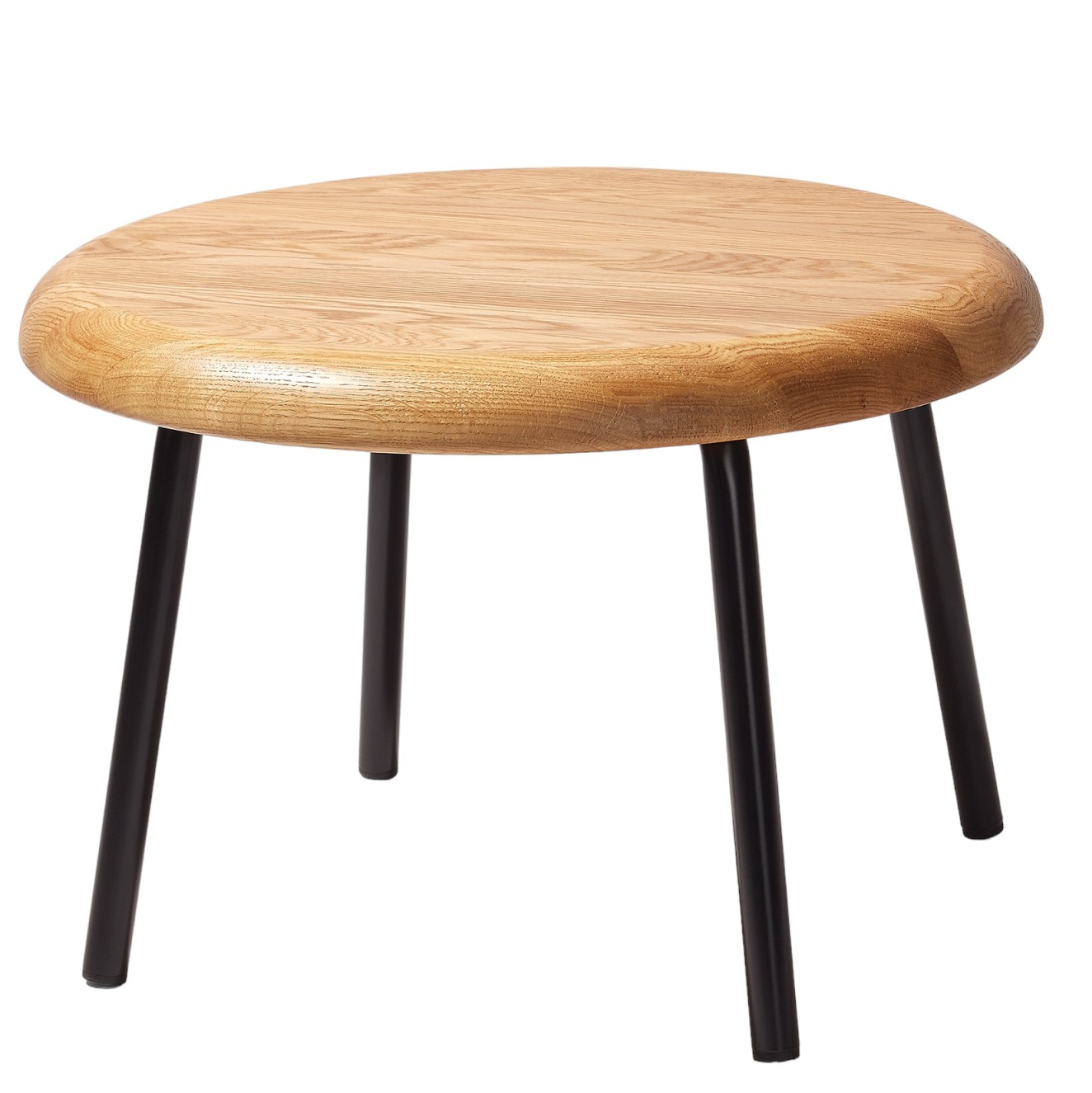 Tom Beistelltisch von Richard Lampert mit runder Tischplatte aus hellem Holz und schwarzen Metallbeinen.