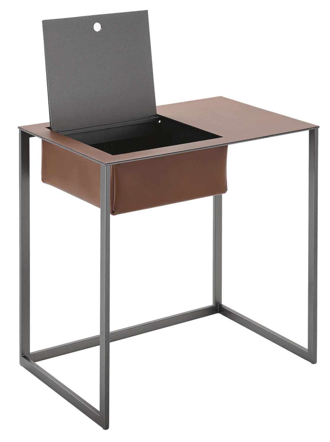 Taschino Nachttisch von Zanotta mit offenem Staufach und braunem Lederbehälter, modernes Design.