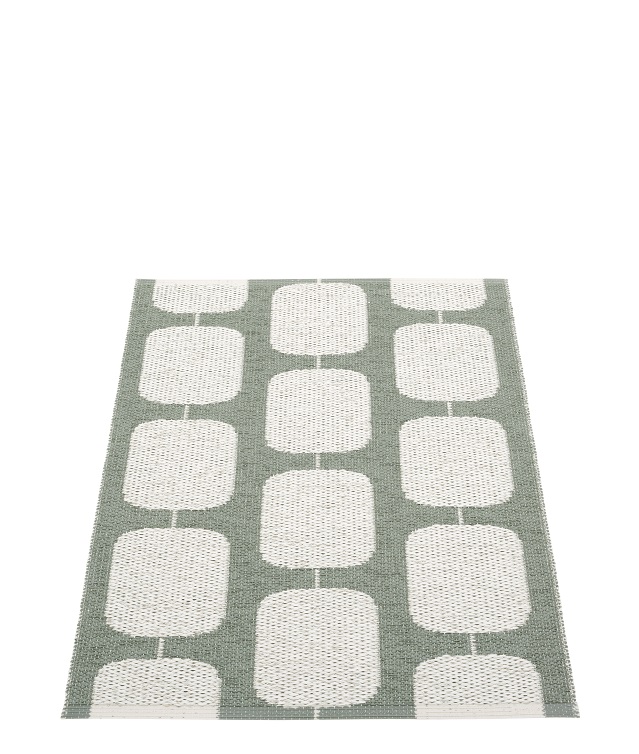 Pappelina Sten Kunststoffteppich in Army/Fossil grau mit geometrischem Muster, ideal als Küchenteppich oder Badteppich.