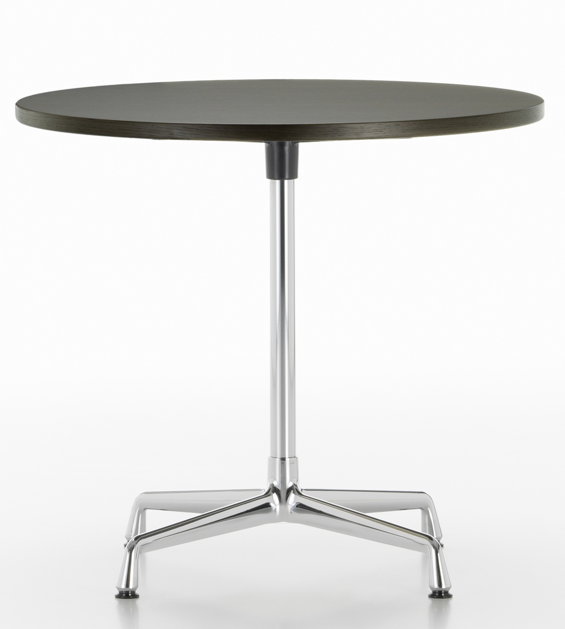 Runder Eames Contract Table von Vitra mit dunkler Tischplatte und verchromtem Fußgestell.