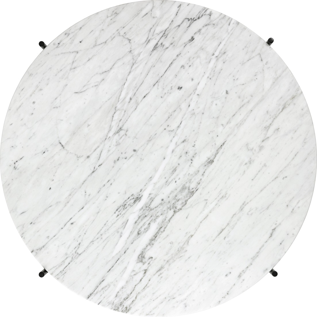 Draufsicht auf einen runden TS Coffee Table 55 Couchtisch von Gubi mit weißer Marmorplatte.