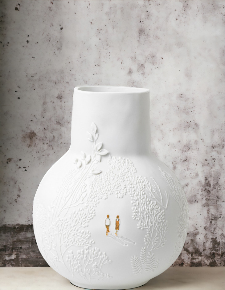 Weiße BG dankbar Vase mit Parkspaziergang-Motiv, geprägten Bäumen und goldenen Figuren für stilvolle Blumendekoration.