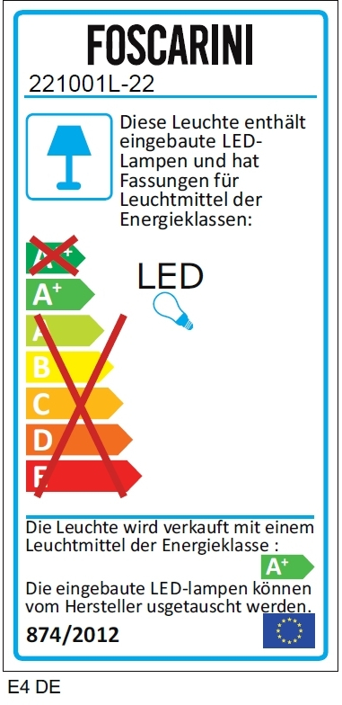 Energielabel der Foscarini Birdie Grande LED Tischleuchte in Graphit mit Energieeffizienzklasse A+.