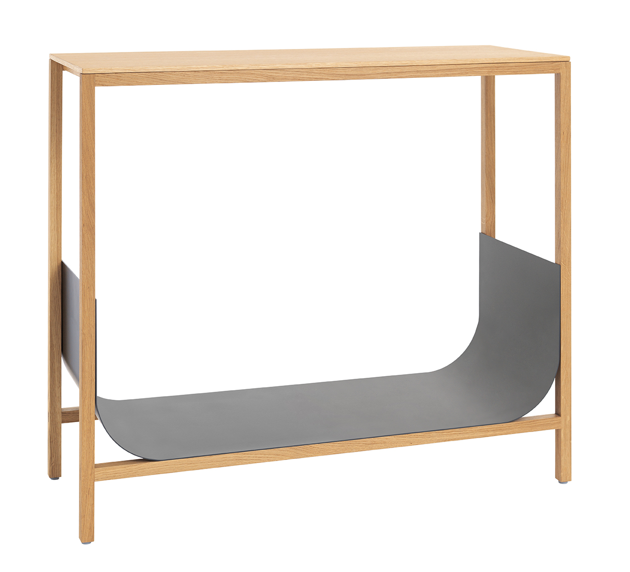 Schönbuch Tub Konsoltisch aus Eiche mit grauer Ablage für Zeitschriften, modernes Möbeldesign für Flur und Wohnzimmer.