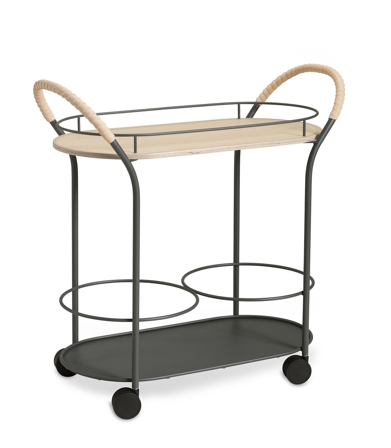 Bistro Servierwagen von Mizetto: Moderner Barwagen mit zwei Ablagen und Rollen.